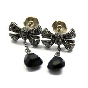 Rare! Authentic Pomellato 18k White Gold Black Diamond Onyx Drop Bow Earrings